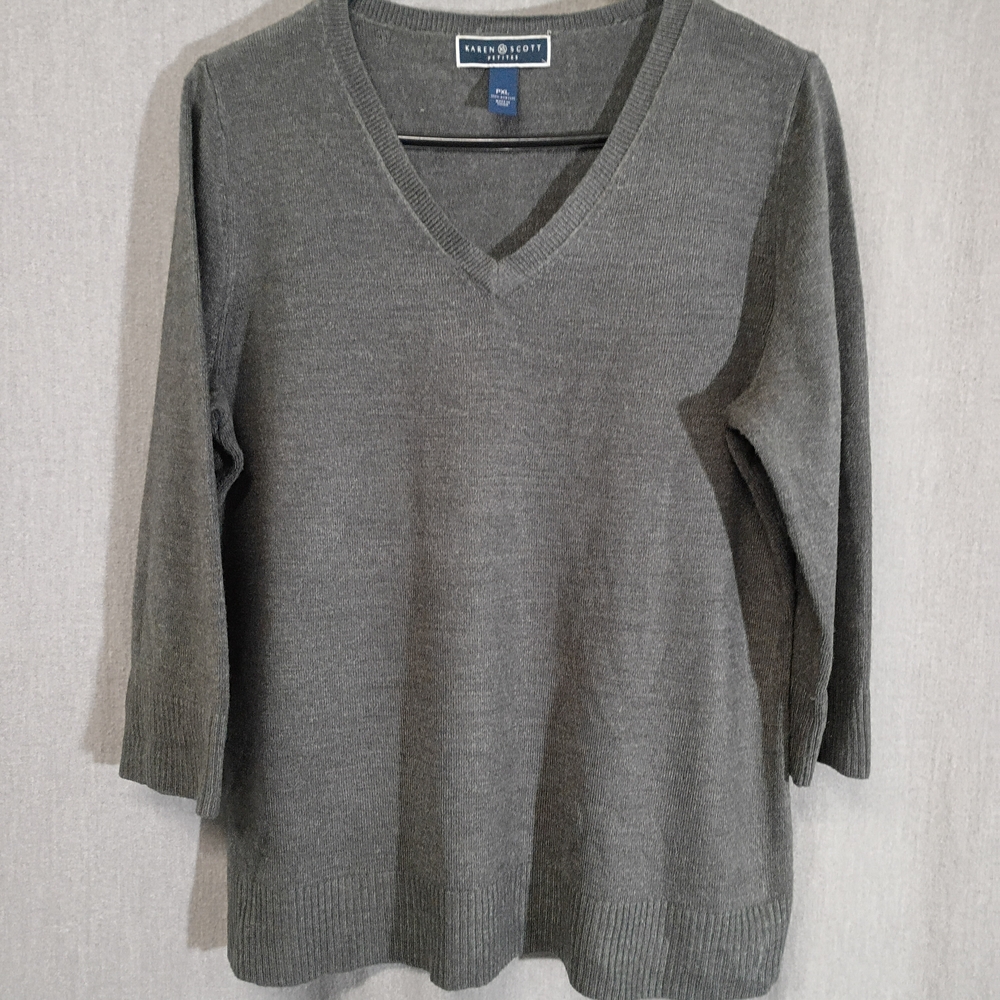 Karen Scott Petites Size PXL Gray V-Neck Sweater ¾ Sleeve